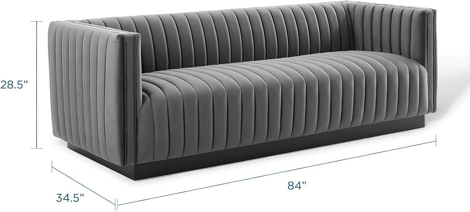 Gray Tufted Velvet Tuxedo Arm Sofa with Wood Base