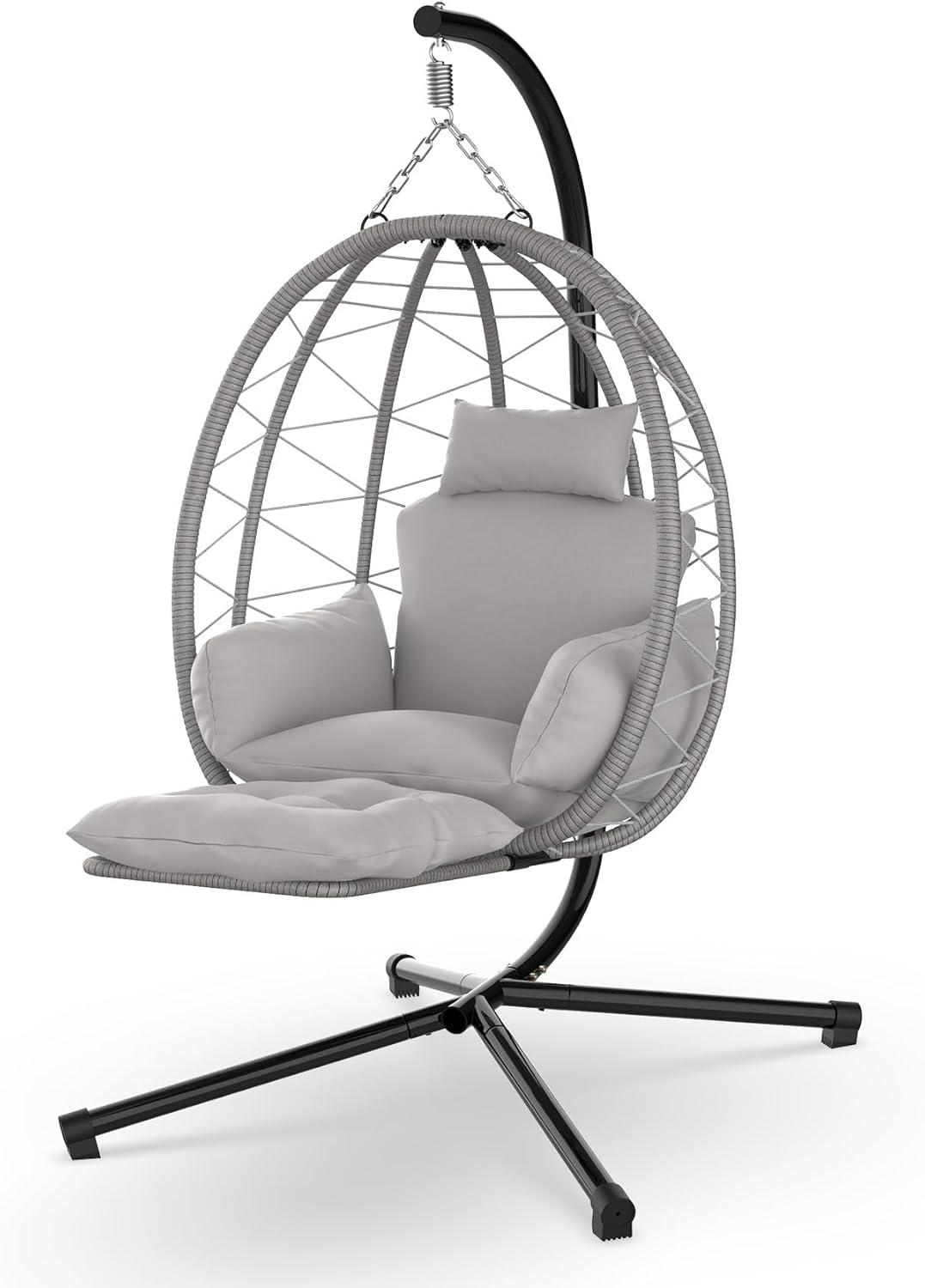 Gray Rattan Wicker Hanging Egg Chair with Cushions and Stand