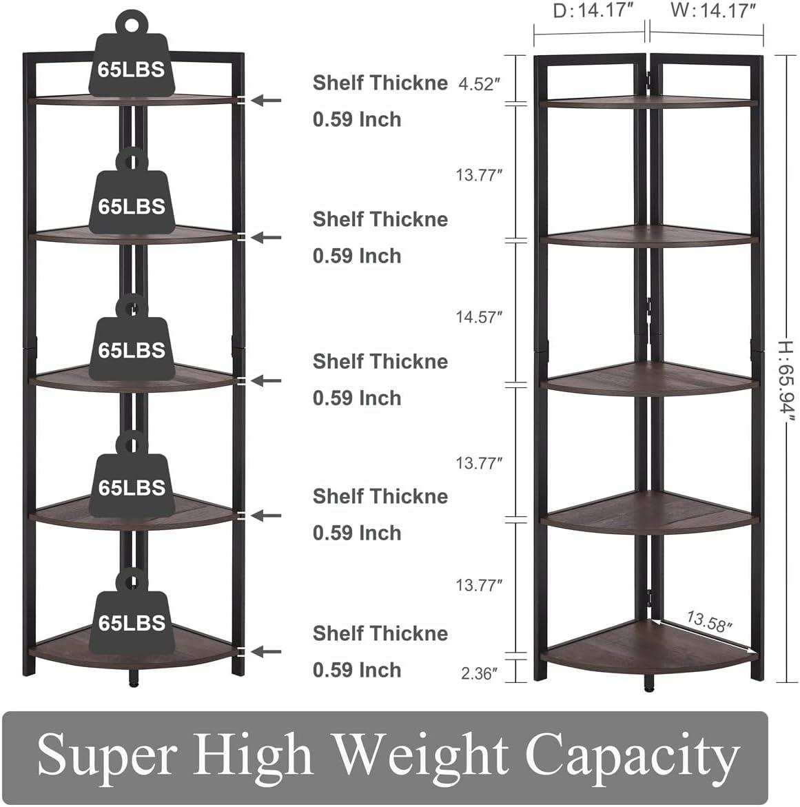 Walnut Brown 5-Tier Industrial Corner Bookshelf with Metal Frame