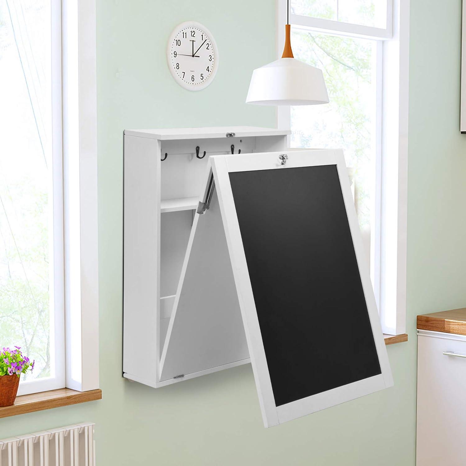 Folding Wall Desk, Wall Mounted Fold Out Table with Storage Shelves & Hooks, Hideaway Desk with Chalkboard, Floating Corner Desk for Small Spaces (White)