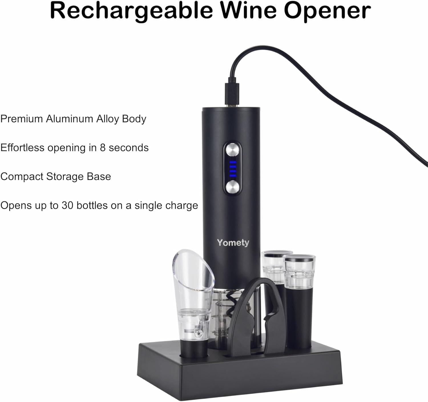 Electric Opener Set With Base, Accessories Including Rechargeable Corkscrew, Aerator, Stoppers and Foil Cutter - Perfect Gifts for Wine Lovers