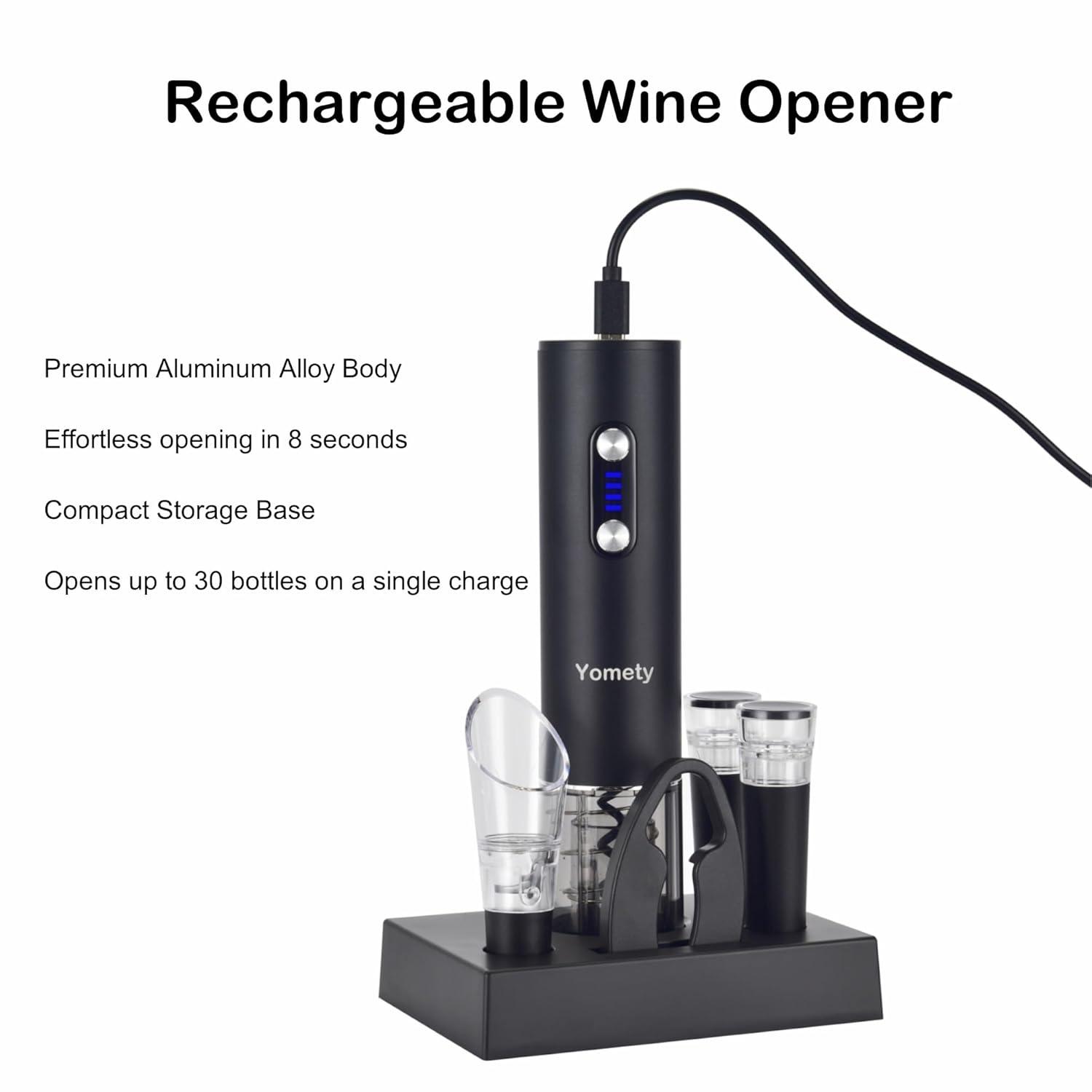 Electric Opener Set With Base, Accessories Including Rechargeable Corkscrew, Aerator, Stoppers and Foil Cutter - Perfect Gifts for Wine Lovers