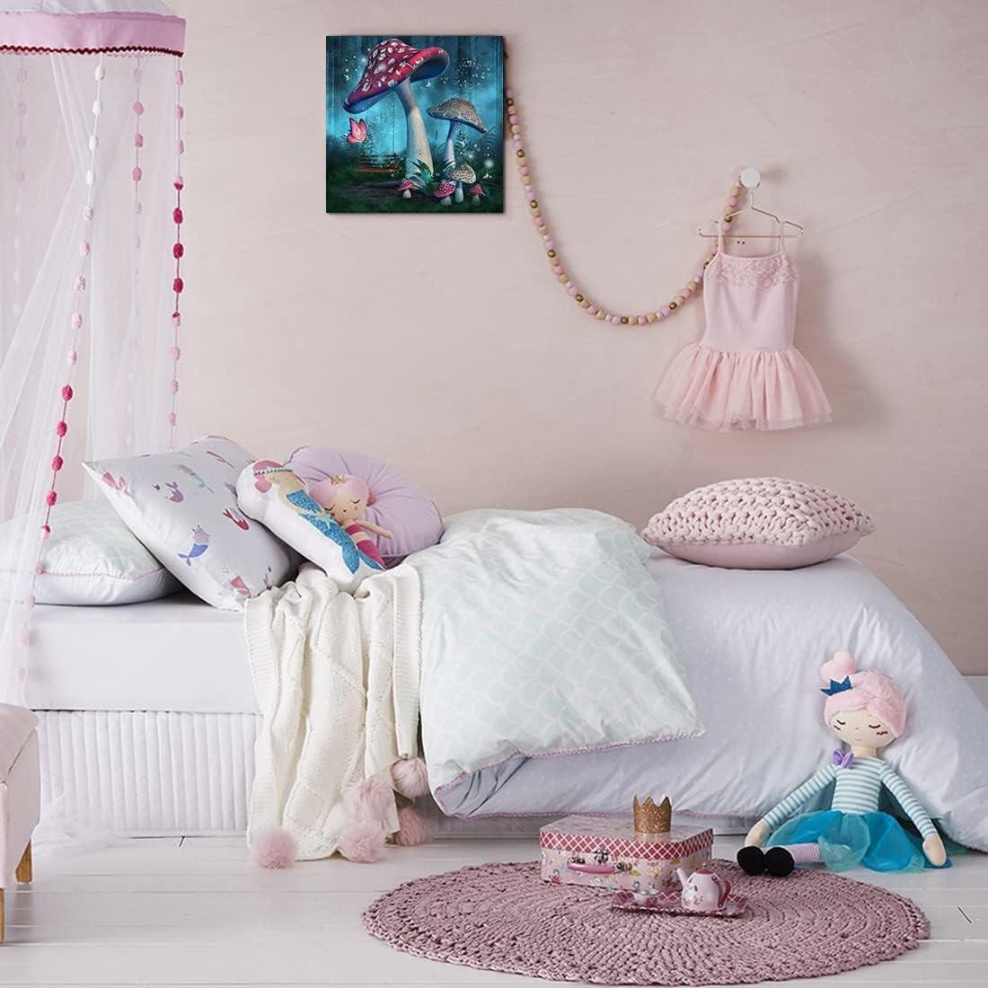 Magical Forest Wall Art Fantasy Mushroom Wall Decor Nature Landscape Plant Picture Butterflies Canvas Print Nursery Decor Fairytale Theme Wall Painting for Home Kids Bedroom Dorm Decoration 12"x12"