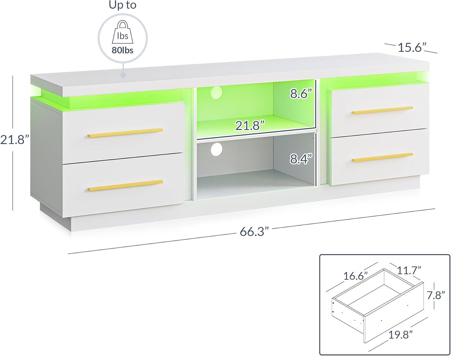 BELLEZE 66" TV Stand for TVs Up to 75", Entertainment Center with Music Sync LED Lights, Media Console Table Storage Cabinet with Open Shelves & Drawers for Living room, Bedroom - Hawthorn (White)
