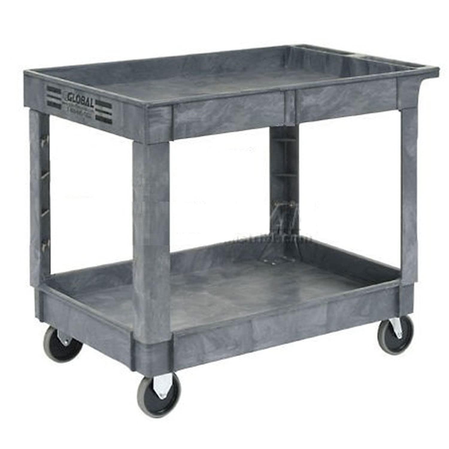 2 Shelf Tray Service & Utility Cart, Plastic, 40"x26", 5" Rubber Casters