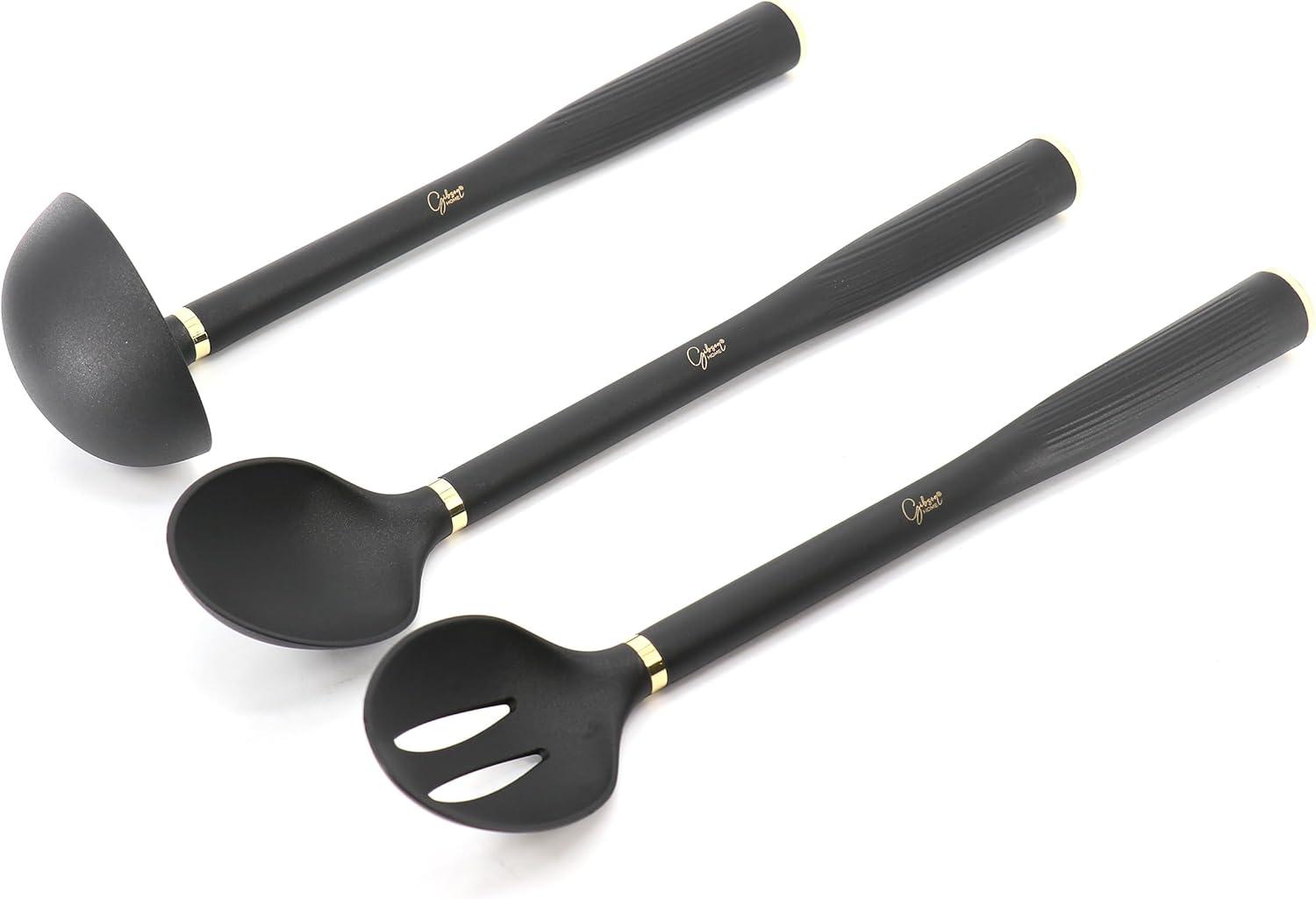 Gibson Home Hampsbridge 10 Piece Nylon Kitchen Tool Set and Utensil Crock in Black and Gold