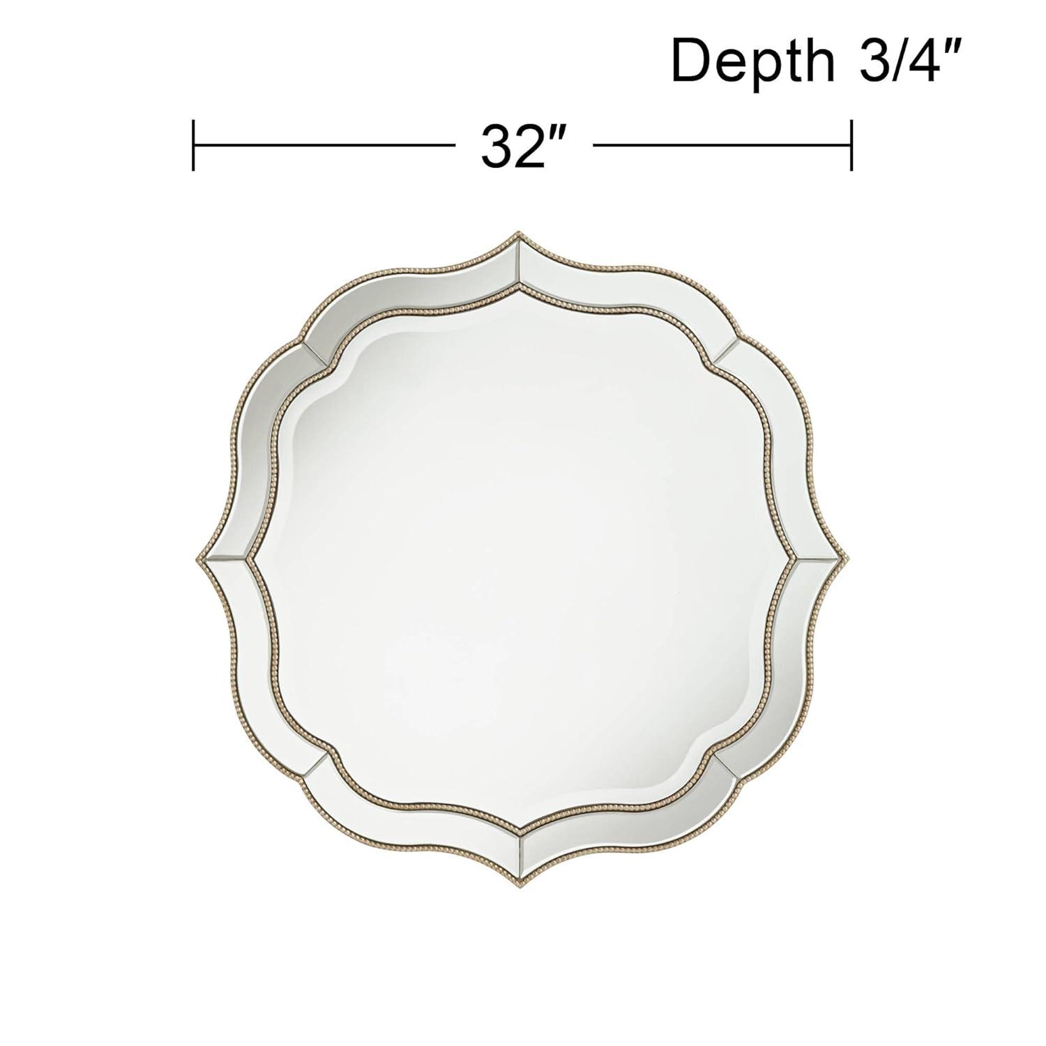 Noble Park Laureen Scalloped Round Vanity Wall Mirror Modern Beveled Glass Champagne Gold Beaded Frame 32" Wide for Bathroom Living Room Home Entryway