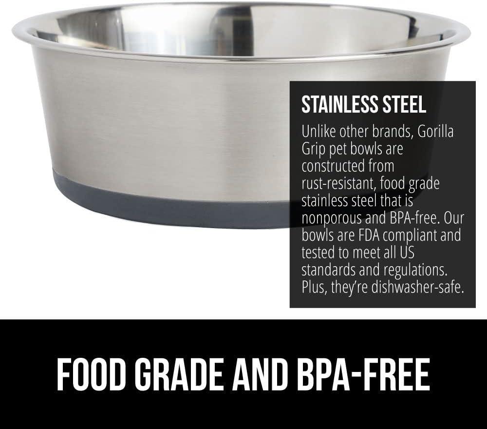 Dog Bowl Set of 2, Heavy Duty Stainless Steel Bowls by Gorilla Grip, Holds 6 Cups, Gray