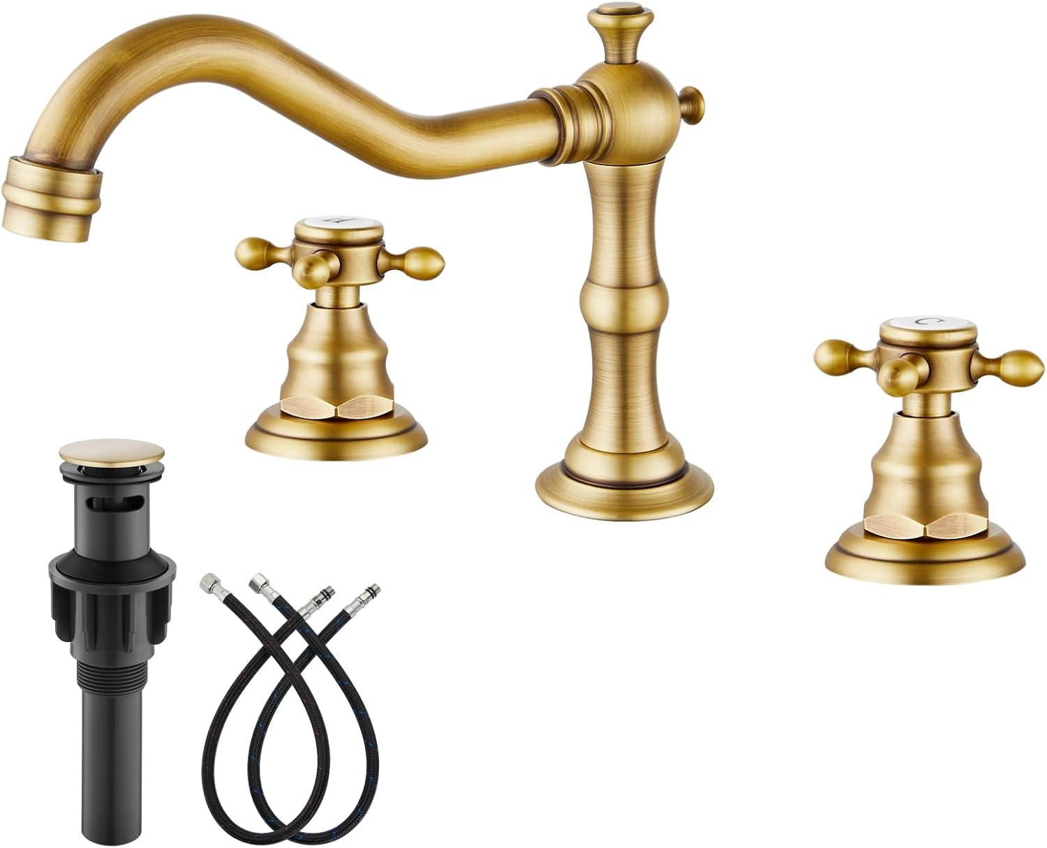 gotonovo Bathroom Faucet 3 Hole 8 Inch Widespread Bathroom Sink Faucet 2 Cross Handles Vintage Lavatory Vanity Mixer Tap with Pop Up Drain, H C Label, Antique Brass