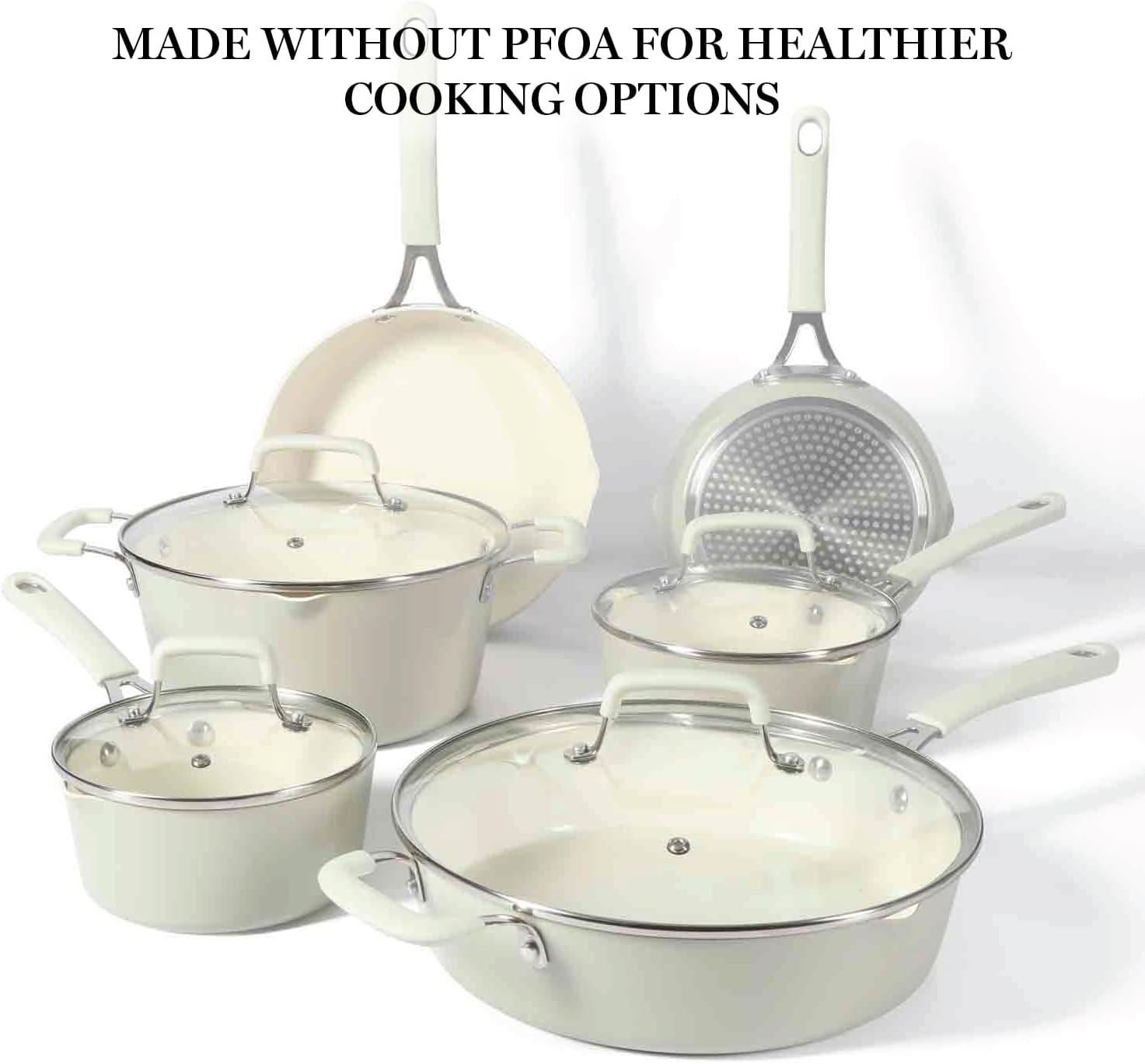 Linen White 10-Piece Nonstick Aluminum Cookware Set with Ceramic Interior