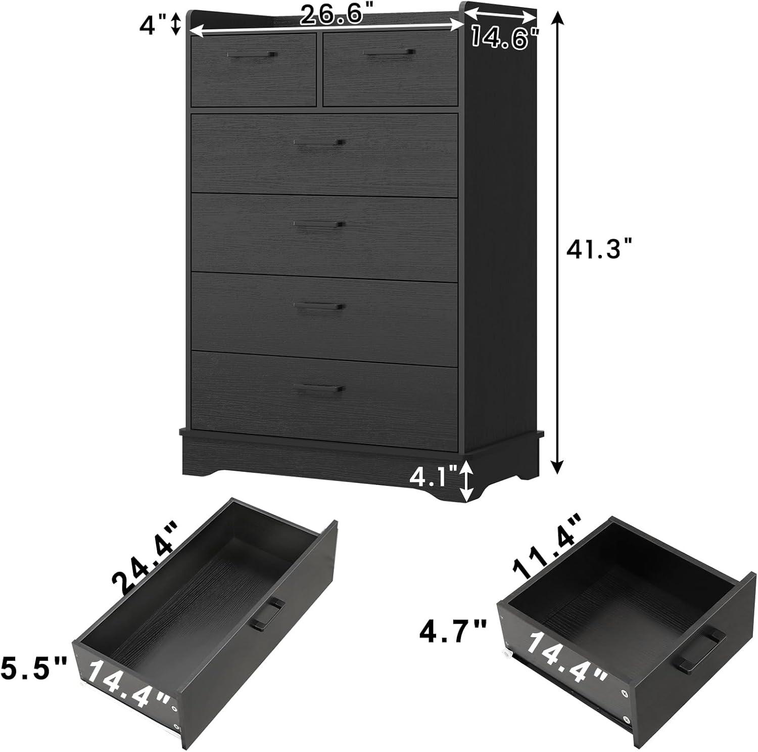 Black Dresser for Bedroom, 6 Drawers Dresser Wood Storage Tower Clothes Organizer, Chest of 6 Drawers, Large Capacity Storage Cabinet, Tall Dresser for Bedroom, Hallway, Entryway