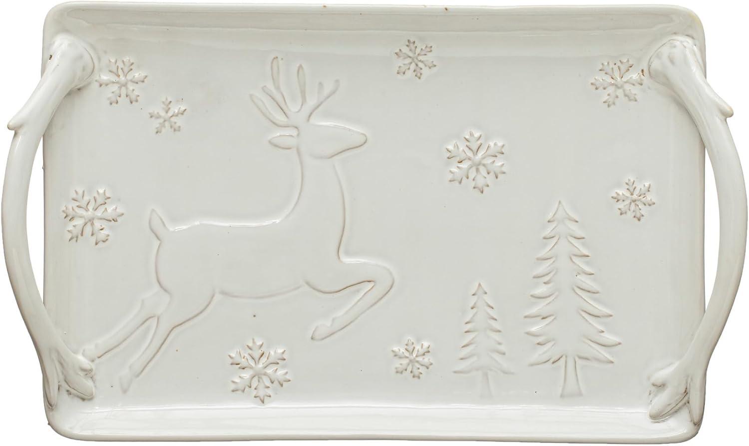 White Stoneware Winter Deer and Snowflakes Tray