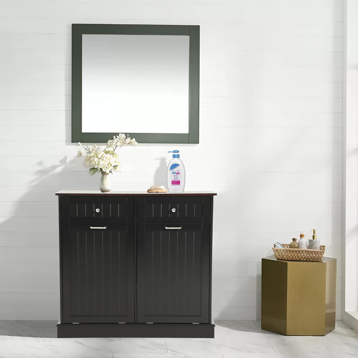 Black Double Tilt Out Trash Cabinet with Countertop and Drawer