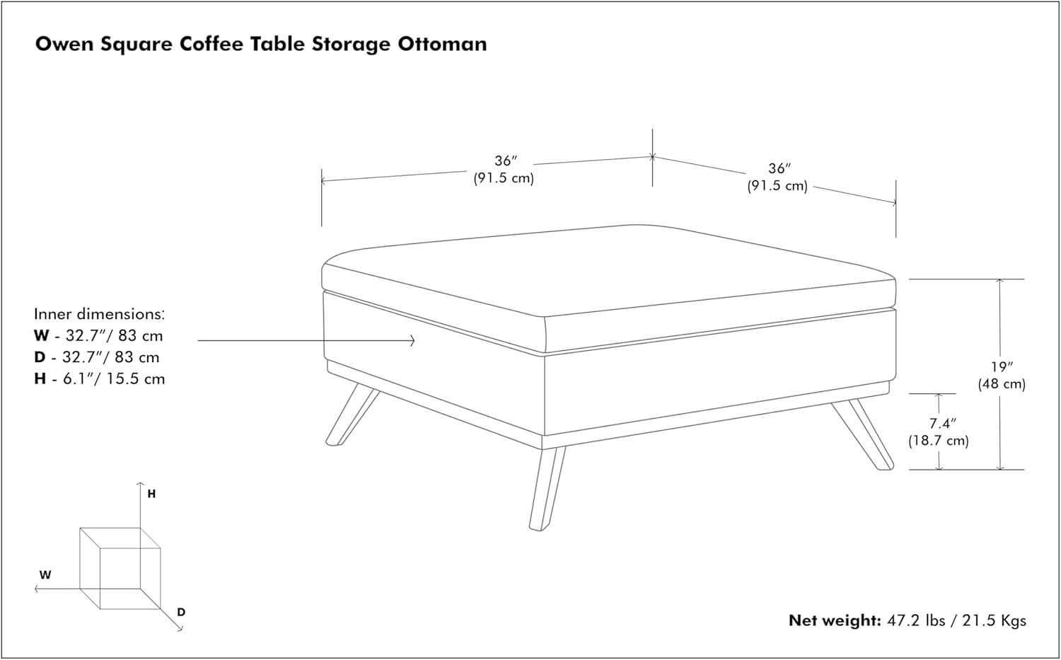 Simpli Home Owen 36" Square Upholstered Modern Coffee Table Ottoman in Ebony