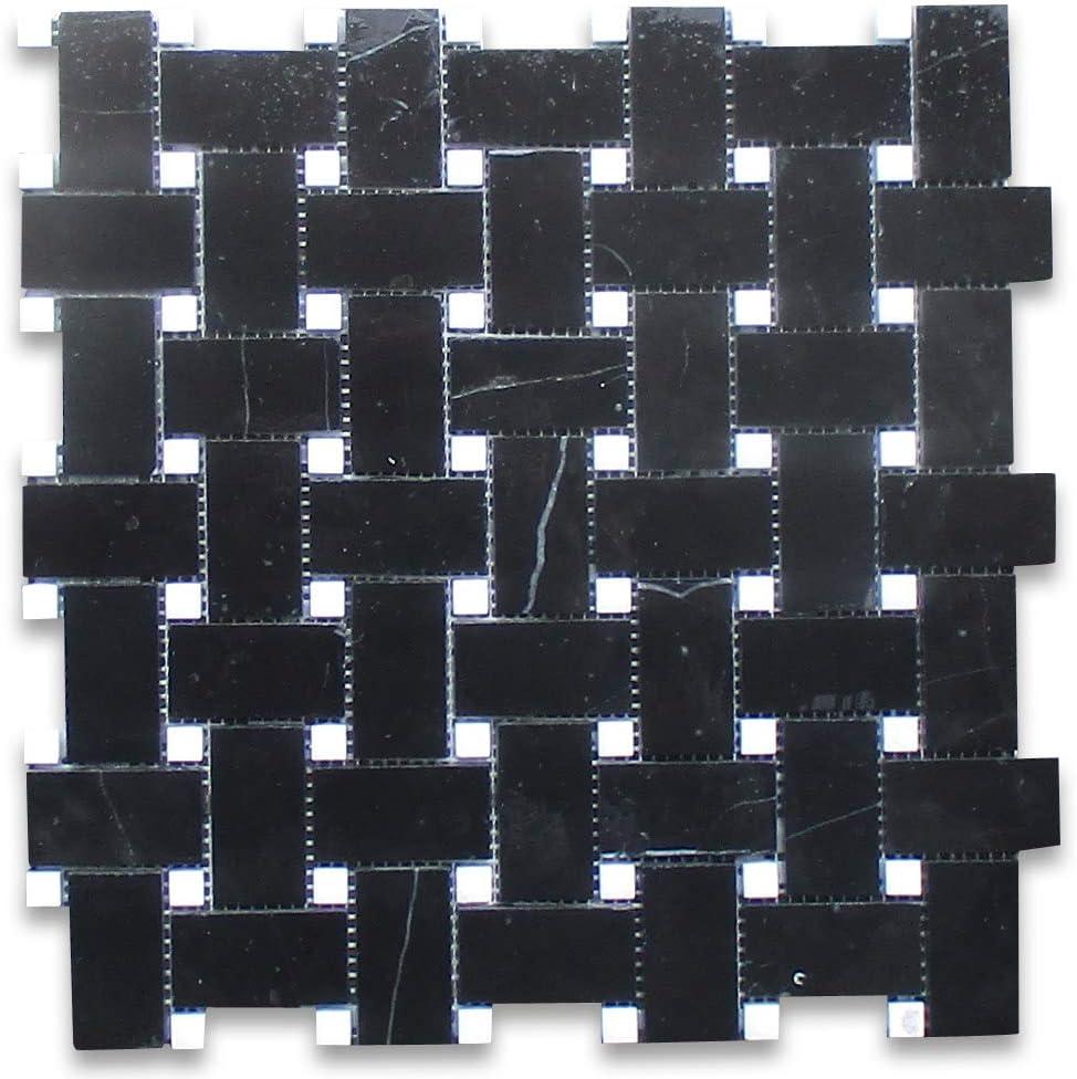 Nero Marquina Black Marble Basketweave Mosaic Tile with White Dots