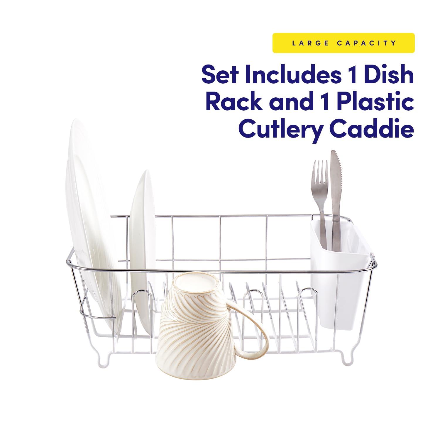 Sweet Home Collection Chrome Plated Steel 2-Piece Compact Dish Drainer with Utensil Caddy