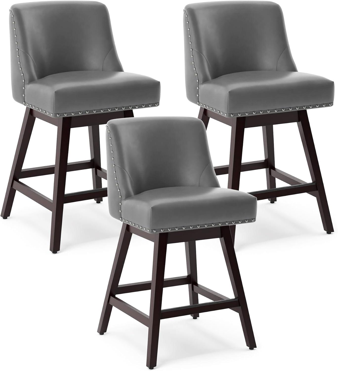 Dycanpo 26''H Swivel Counter Stools Set of 3 with Back Faux Leather for Home Kitchen Island, Gray