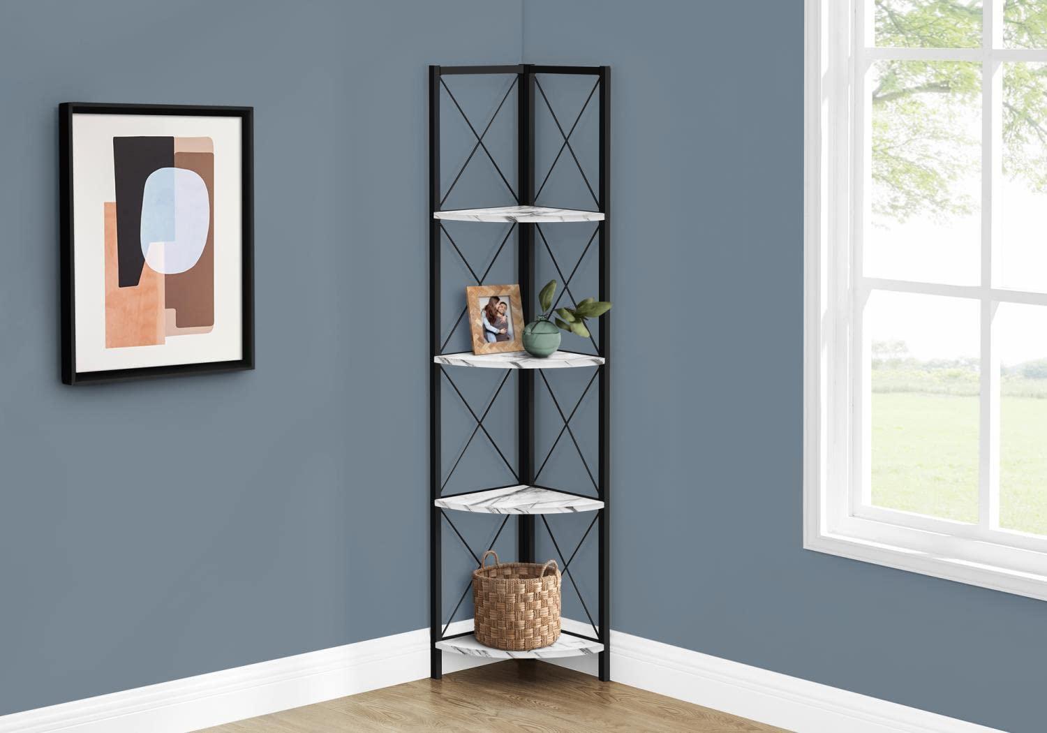Bookshelf, Bookcase, Etagere, Corner, 4 Tier, 60"H, Office, Bedroom, Metal, Laminate