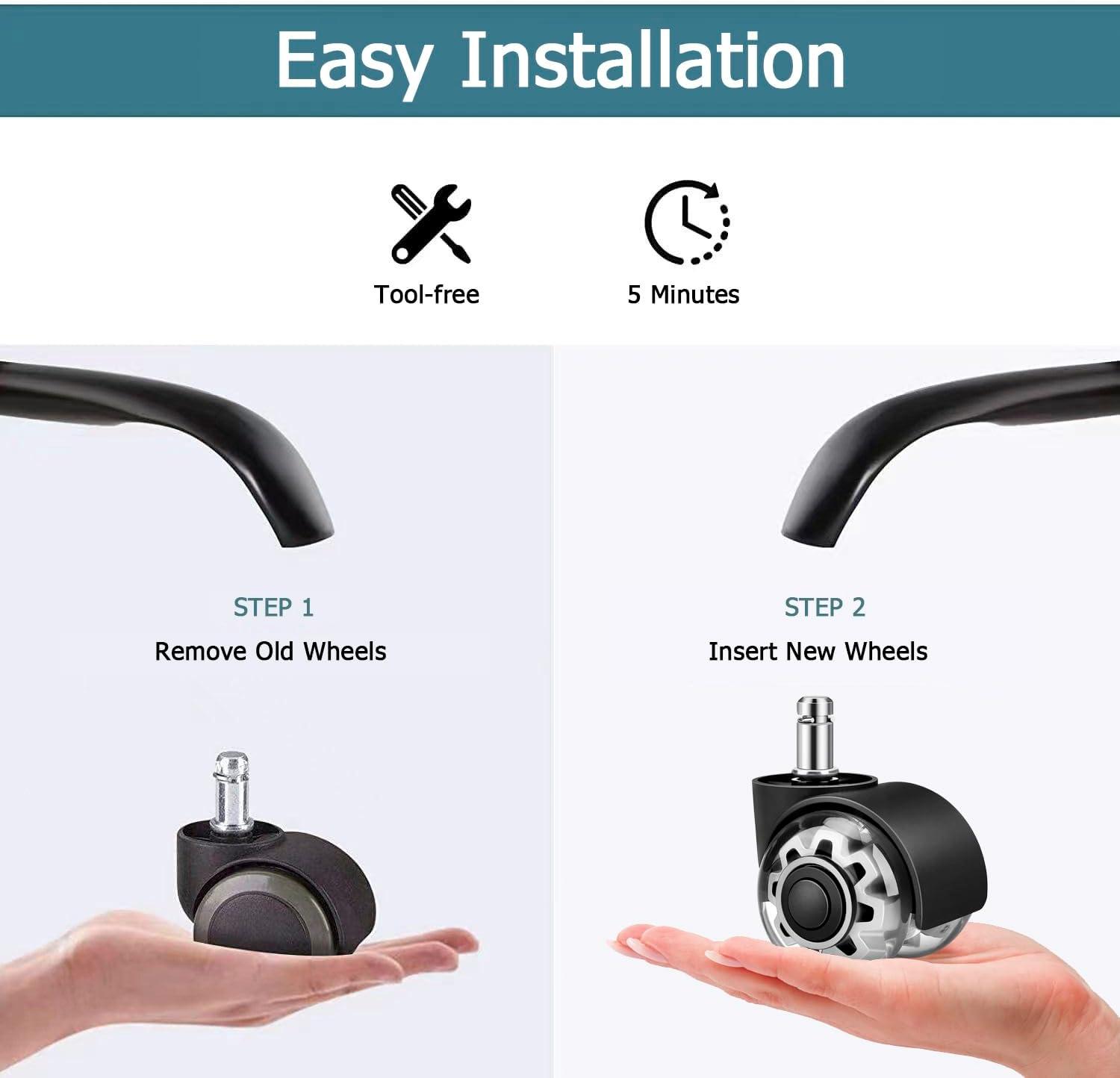 Office Chair Caster Wheels 2" Dual Wheels Set of 5 for Tile and Hardwood Floors, Universal Fit for Most Chairs (Transparent)