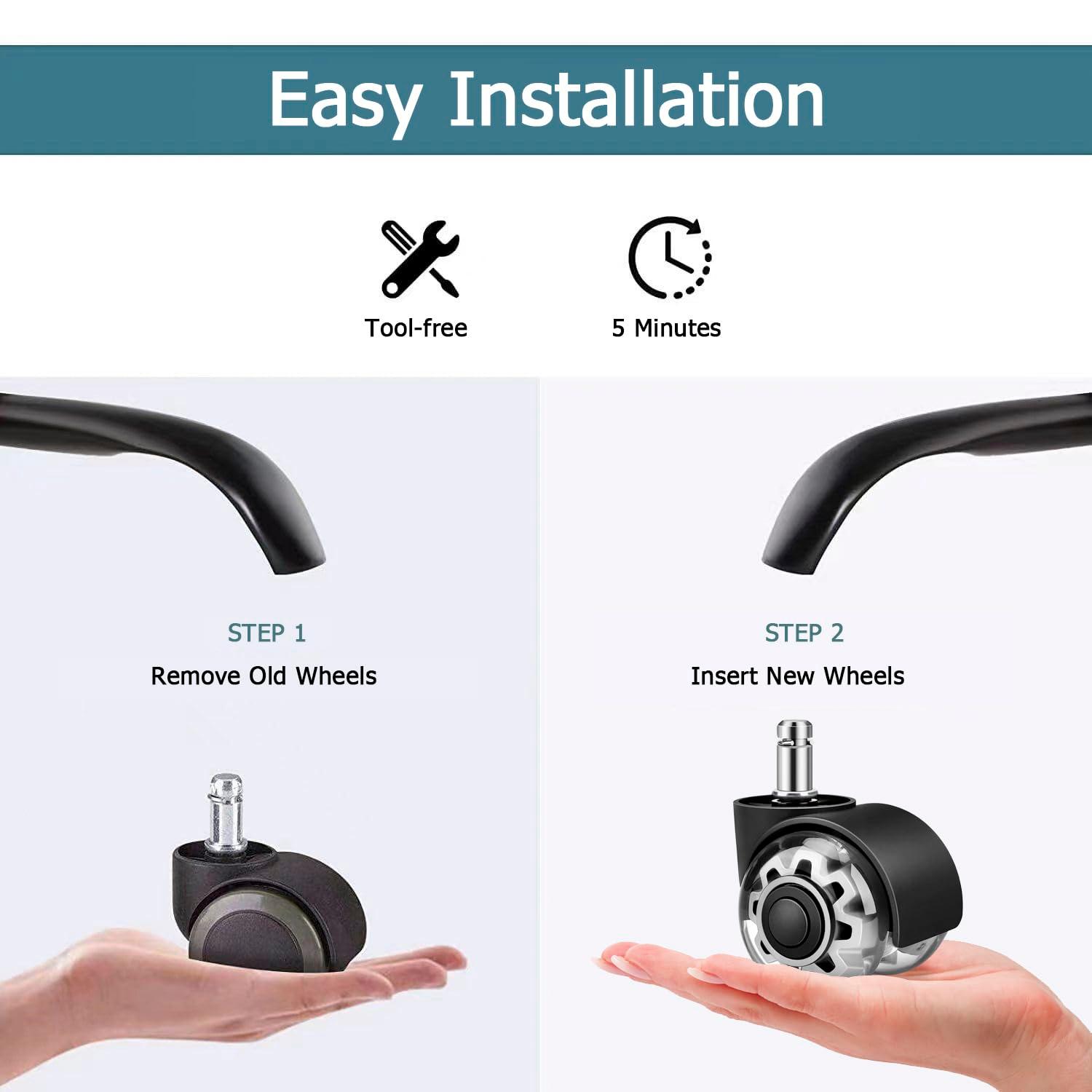 Office Chair Caster Wheels 2" Dual Wheels Set of 5 for Tile and Hardwood Floors, Universal Fit for Most Chairs (Transparent)