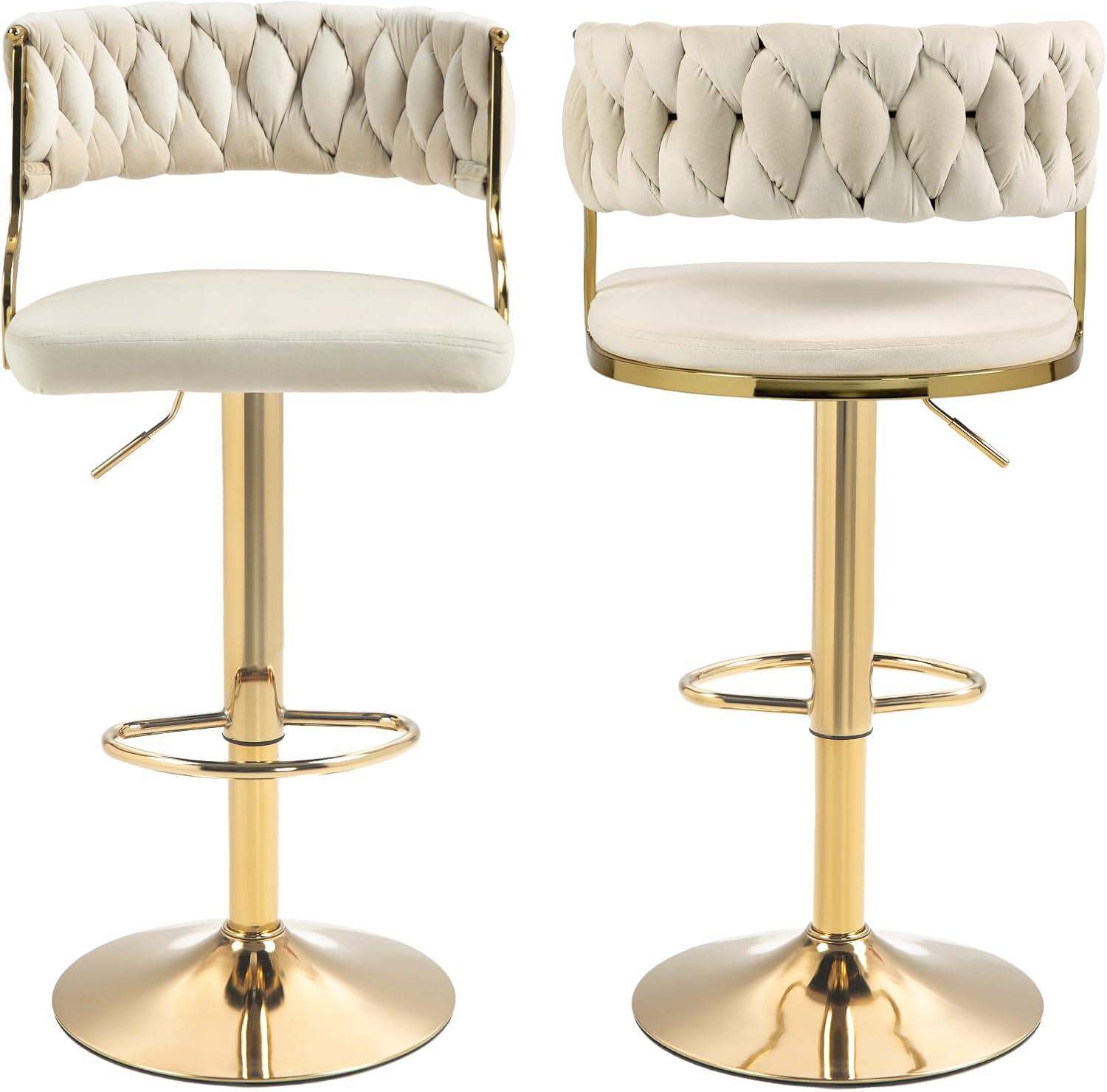 Costway Swivel Velvet Bar Stools Set of 2 Upholstered Adjustable with Woven Backrest Grey/Beige/Yellow