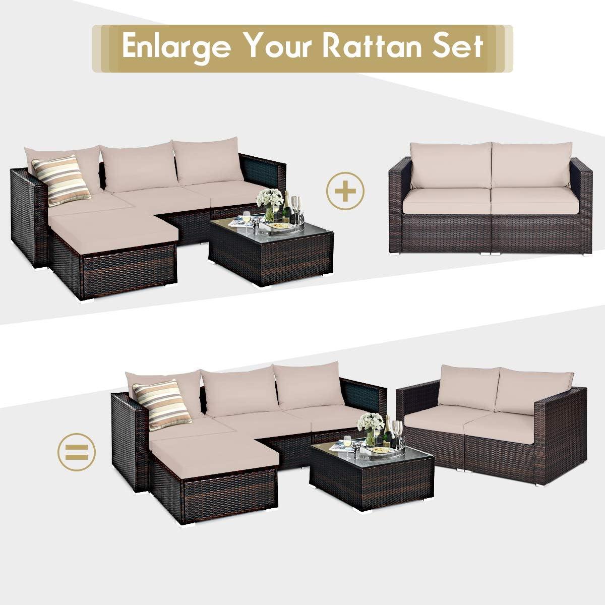 Tangkula 2PCS Rattan Corner Sofa Set Patio Outdoor Furniture Set w/ 4 Beige Cushions
