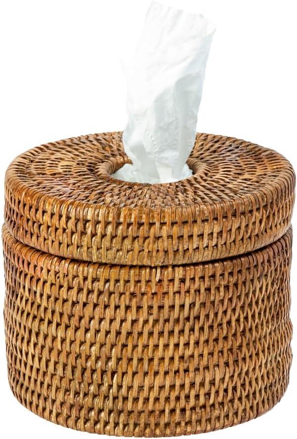 Kouboo La Jolla Handwoven Rattan Toilet Roll Stand, Toilet Paper Cover, Storage Single Roll And Tissues Protector In Bathroom, Round Toilet Holder Basket, Honey Brown