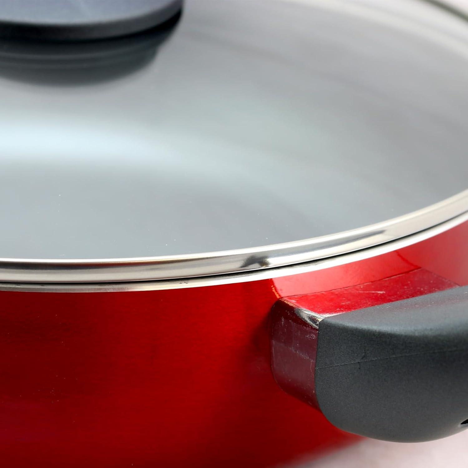 Oster Herscher 3.5 Qt Non-Stick Aluminum Saute Pan with Lid, Tanslucent Sauce, Translucent Red