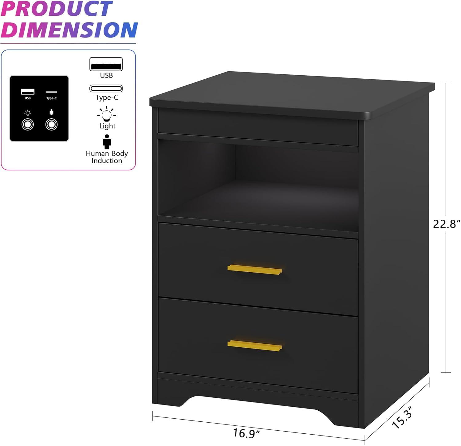 Black Nightstand Set of 2 with Outlets&USB Ports&LED Lights Modern Bedside Table Storage Cabinet with 2 Fabric Drawers for Bedroom