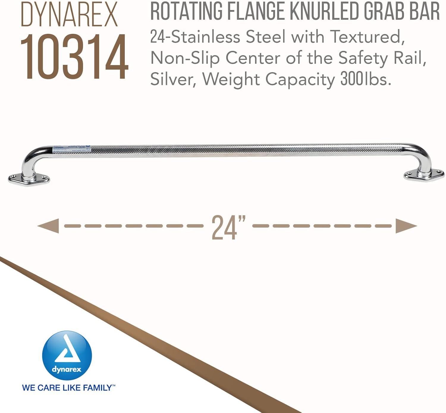 Dynarex Rotating Flange Knurled Grab Bar-24 Inch, Stainless Steel with Textured, Non-Slip Center of The Safety Rail, Weight Capacity of 300 Pounds, Silver, 1-Rotating Flange Knurled Grab Bar-24 inch