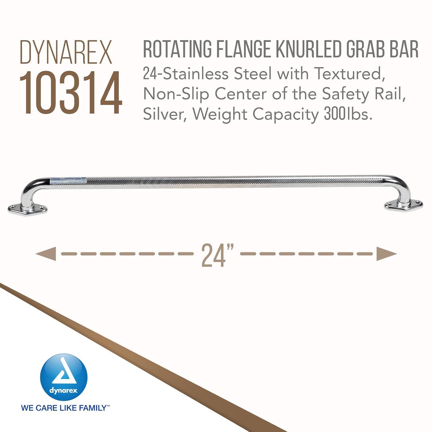 Dynarex Rotating Flange Knurled Grab Bar-24 Inch, Stainless Steel with Textured, Non-Slip Center of The Safety Rail, Weight Capacity of 300 Pounds, Silver, 1-Rotating Flange Knurled Grab Bar-24 inch