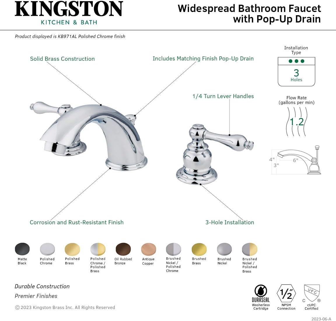 Kingston Brass KB974AL Victorian Widespread Bathroom Faucet, Polished Chrome/Polished Brass