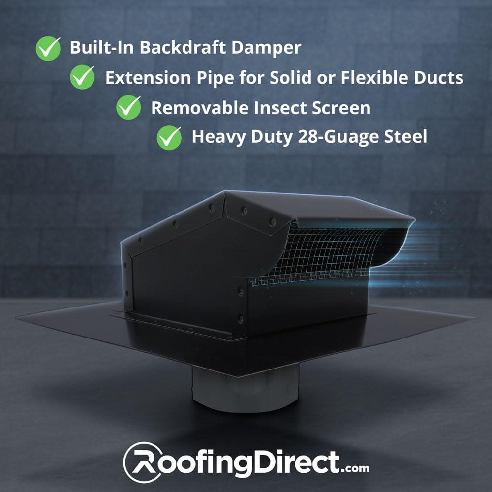 RDP Rooftop Exhaust Vent Cap with Damper and Bottom Extension (10 Inch, Black)