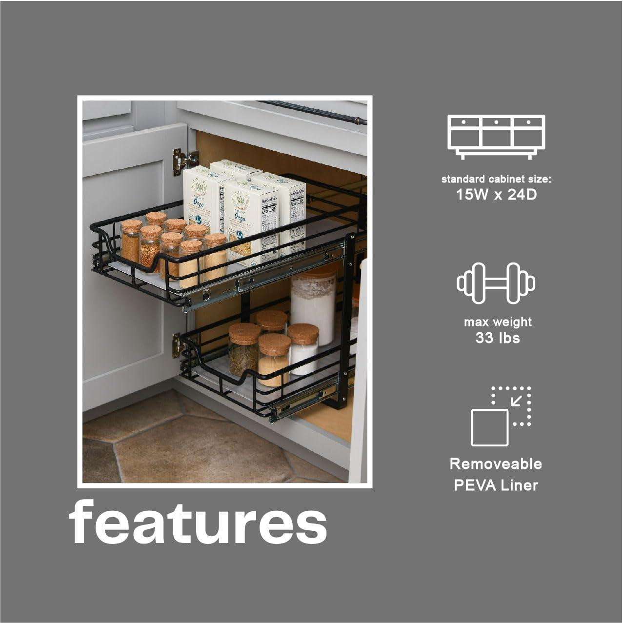 Glidez Multipurpose Paint-Finished Steel Pull-Out/Slide-Out Storage Organizer with Plastic Liners - 2-Tier Dual-Slide Design - Black