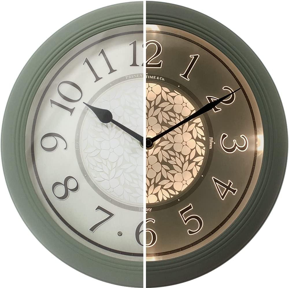 PresenTime & Co 12.6" Indoor Luminous Clock, Silent no ticking, Paris sage green, Lighted Clock with Smart Sensor to turn on/off lights in Low/bright light.