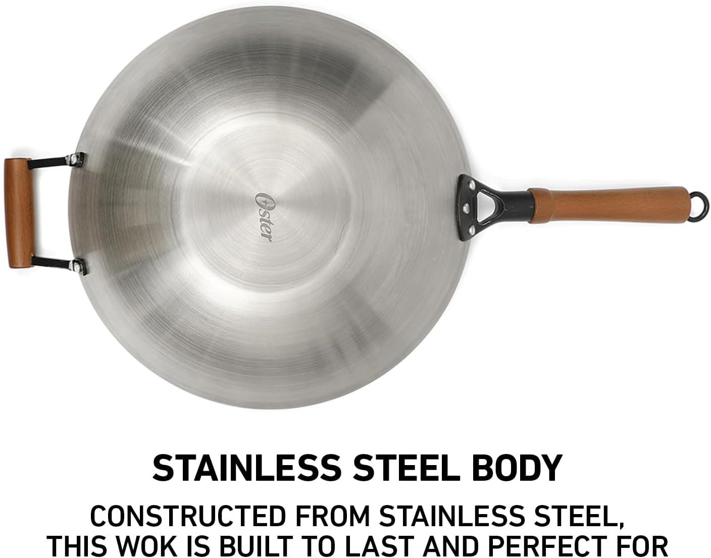 Oster Sangerfield 14-Inch Stainless Steel Wok with Wood Handles