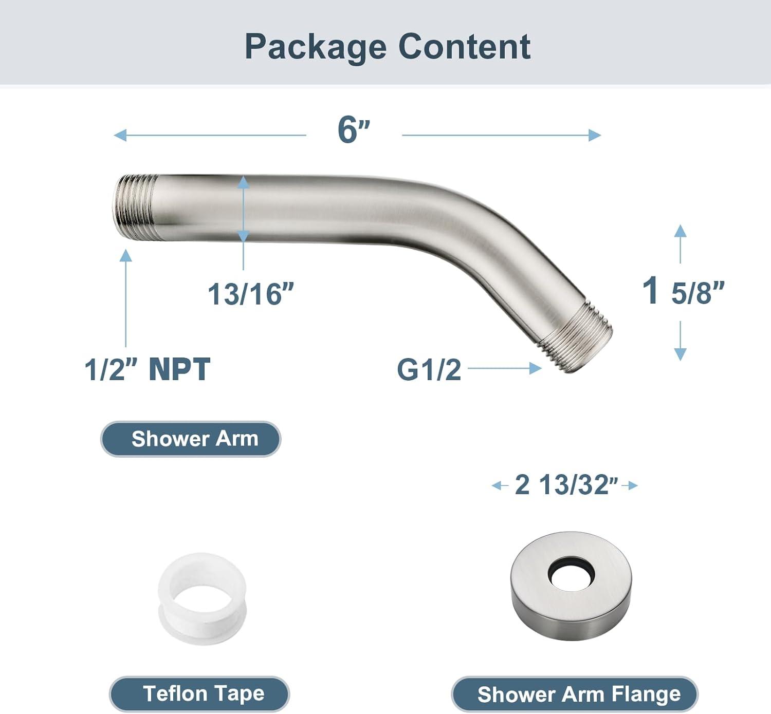 6 Inch Stainless Steel Wall-Mounted Shower Arm and Flange, Shower Head