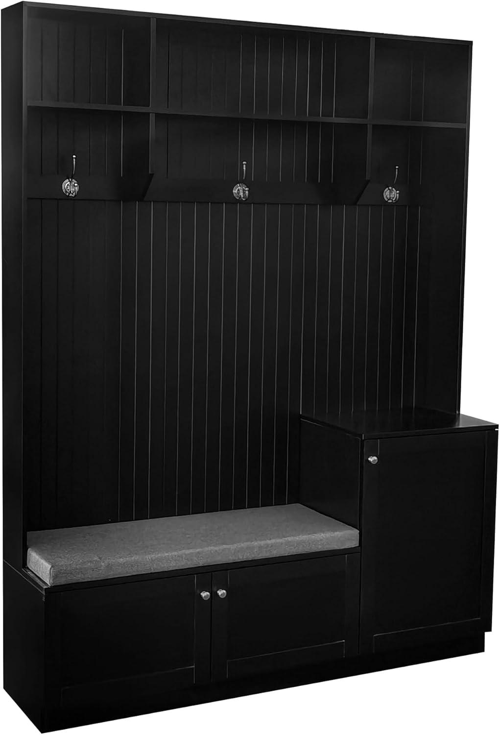 Black MDF Hall Tree with Bench, Cushion, and Storage