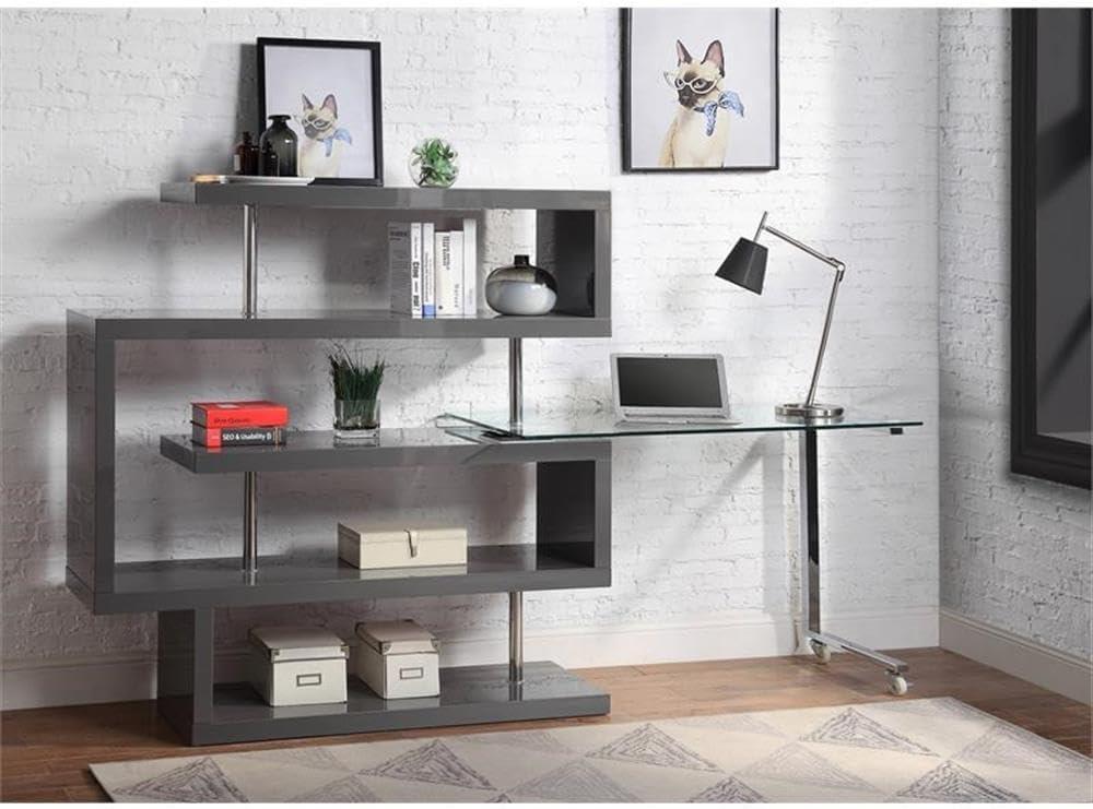 Buck II Writing Desk with Shelf in Clear Glass, Chrome & Gray High Gloss Finish