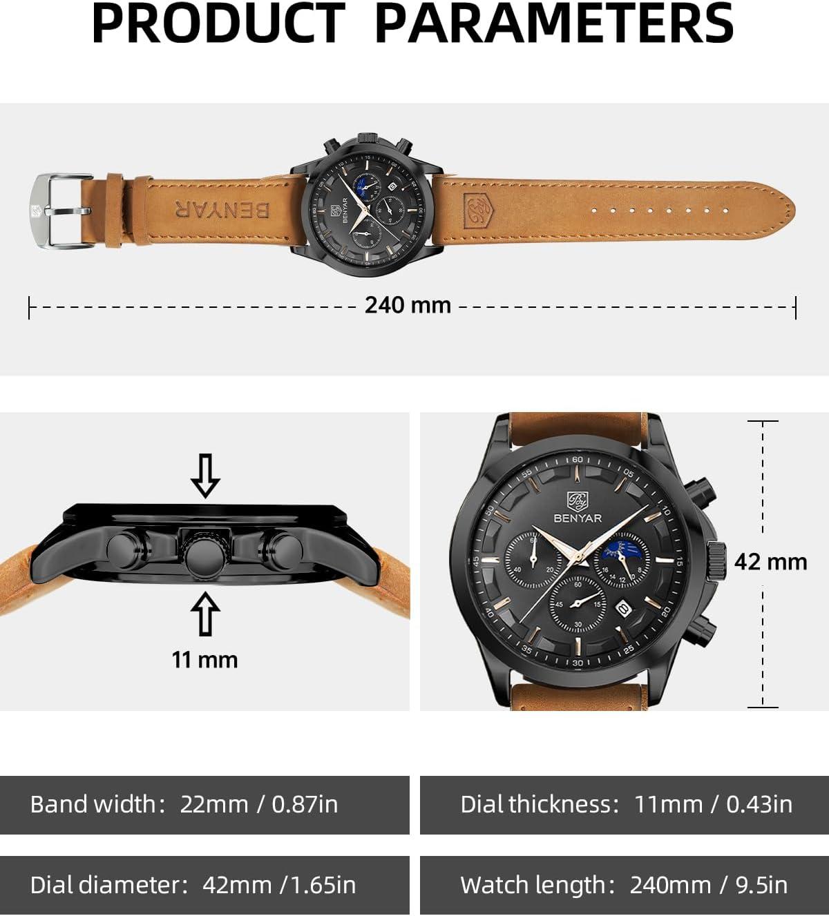 BY BENYAR Mens Watches Analog Quartz Chronograph Waterproof Wrist Watches for Men Fashion Business Work Casual Sport Designer Dress Watch with Calendar Elegant Gifts for Men