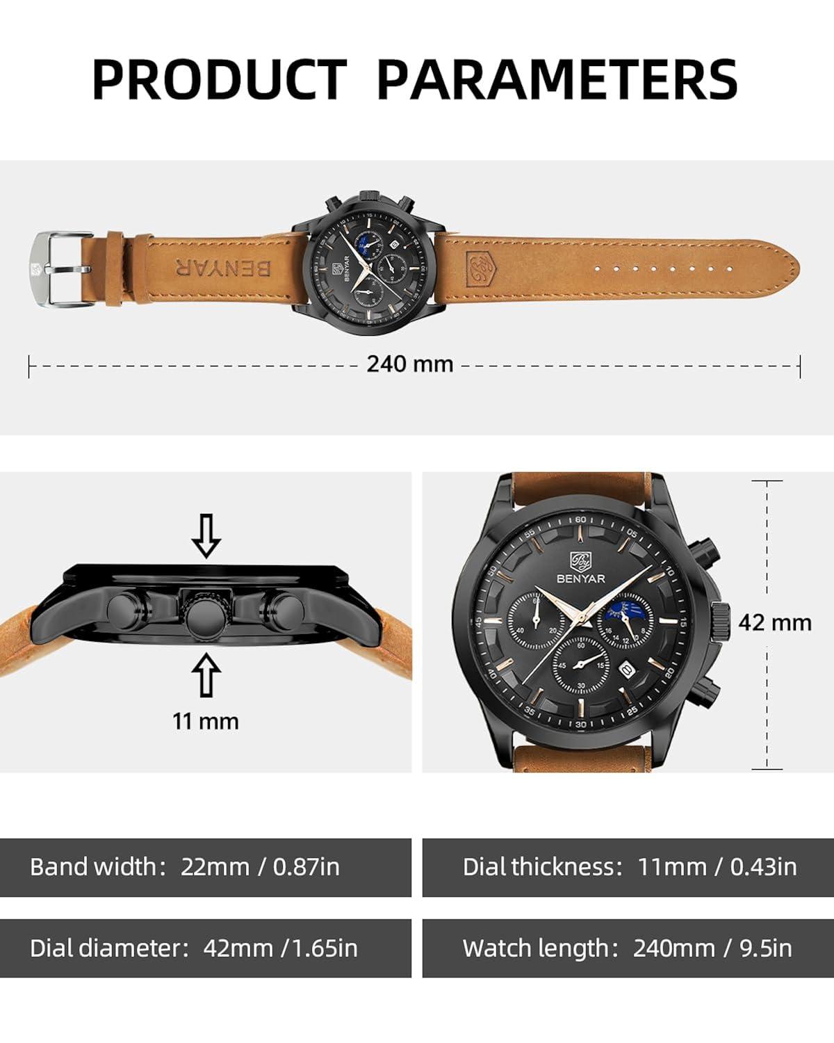 BY BENYAR Mens Watches Analog Quartz Chronograph Waterproof Wrist Watches for Men Fashion Business Work Casual Sport Designer Dress Watch with Calendar Elegant Gifts for Men