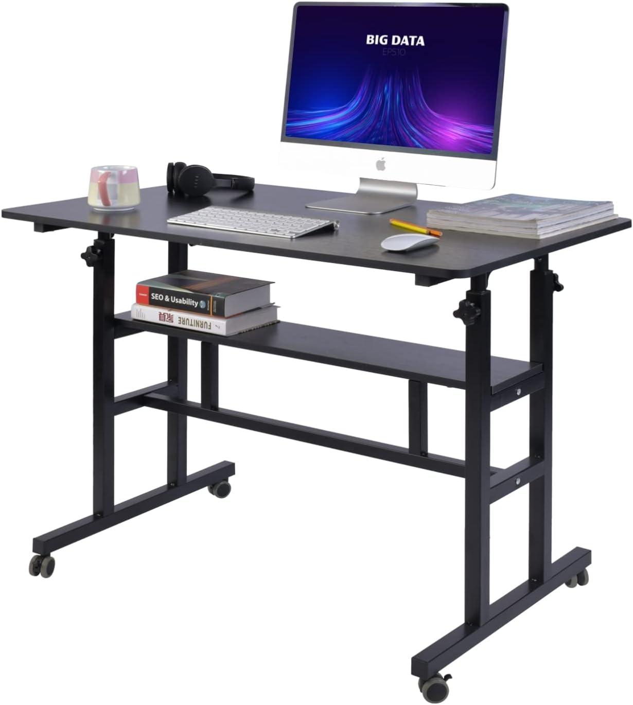 AIZ Mobile Standing Desk, Adjustable Computer Desk Rolling Laptop Cart on Wheels Home Office Computer Workstation, Portable Laptop Stand Tall Table for Standing or Sitting, Black, 39.4" x 23.6"