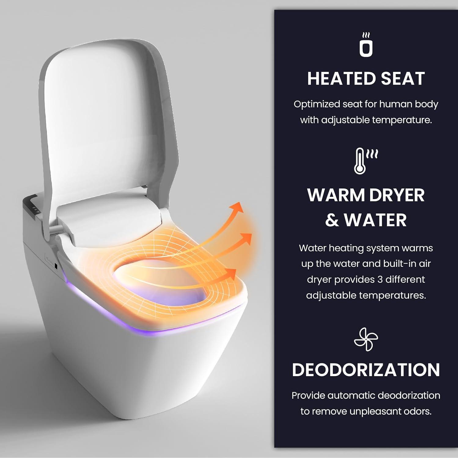 White Smart Bidet Toilet with Heated Seat and Auto Flush