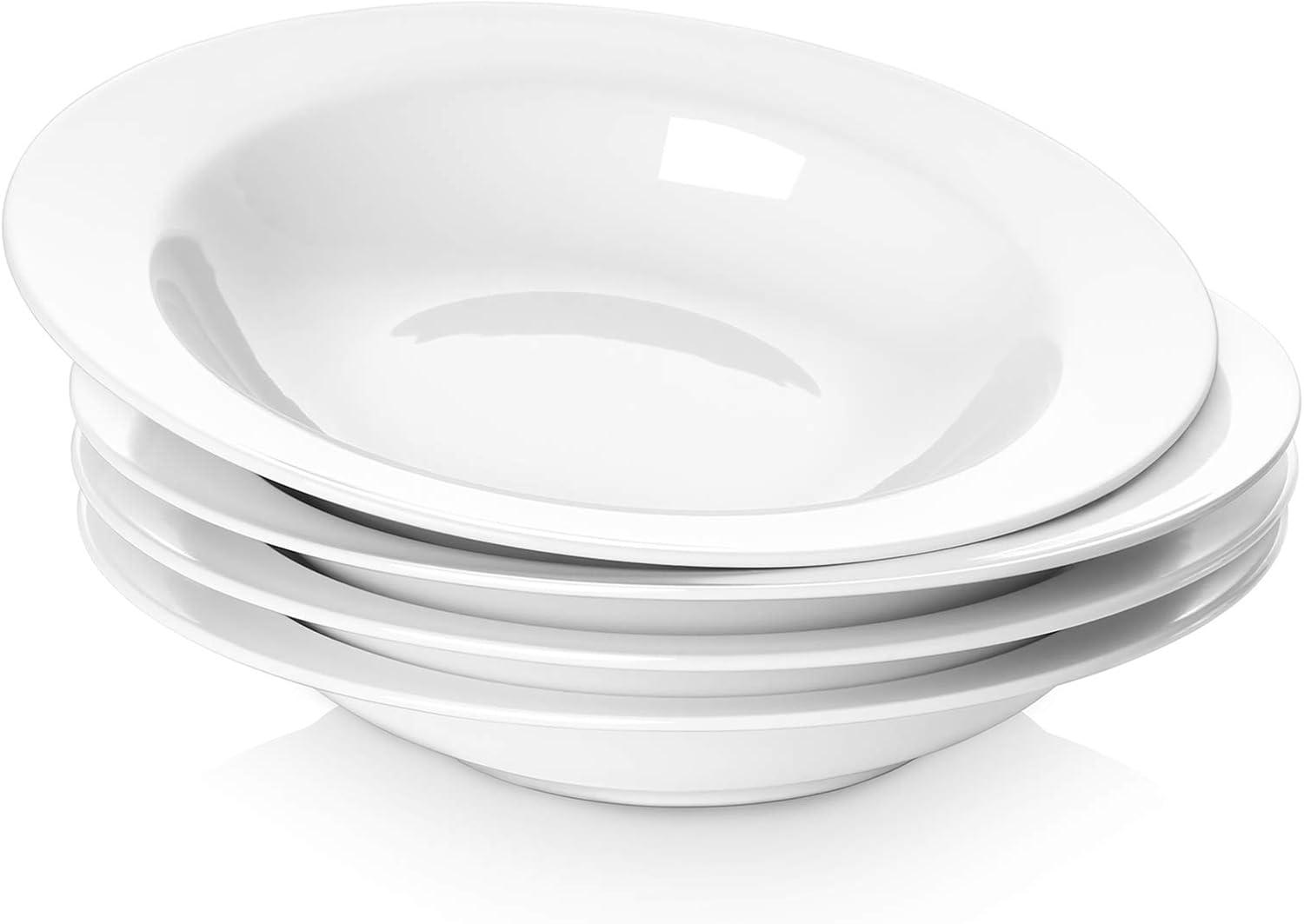 White Ceramic Wide Rim Soup and Pasta Bowls Set of 4