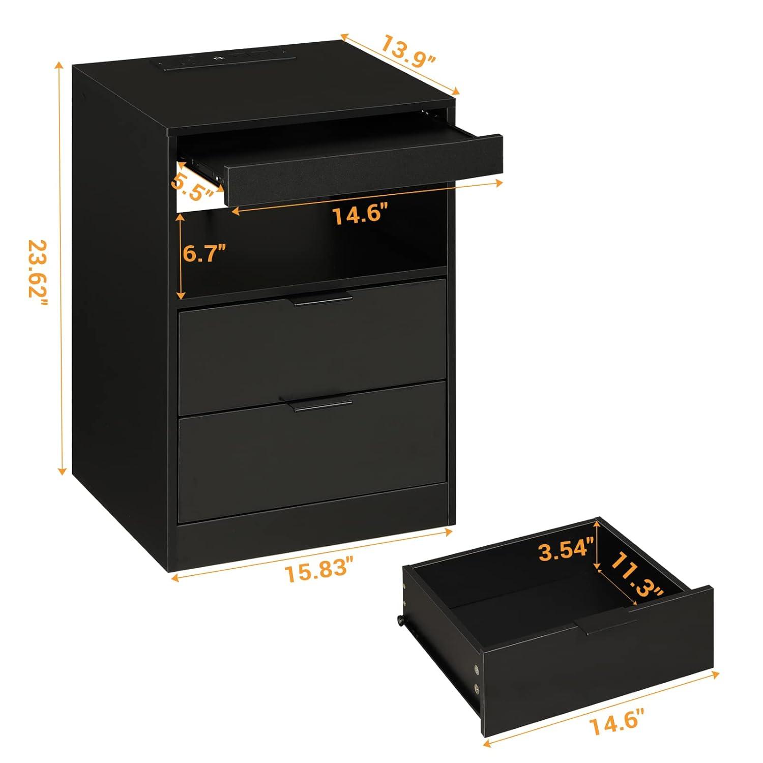 Exlonjet Black Nightstand with Wireless Charging Station and LED Lights, Bedside Table with 2 Drawers, Open Storage, 1 Pull-Out Tray, End Side Table with Charging Station, LED Night Stand with Storage
