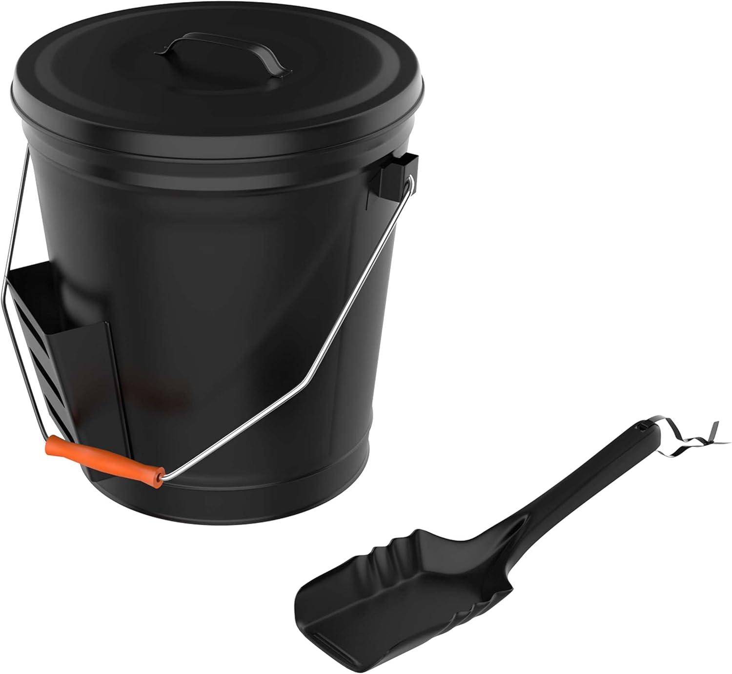Ash Bucket - 4.75-Gallon Metal Bucket with Lid and Shovel for Fireplace or Firepit Ashes - Heat Resistant Fireplace Tools by Pure Garden (Black)
