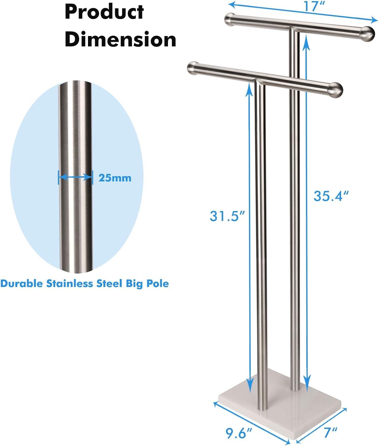 Brushed Nickel Double T-Shaped Freestanding Towel Rack with Marble Base