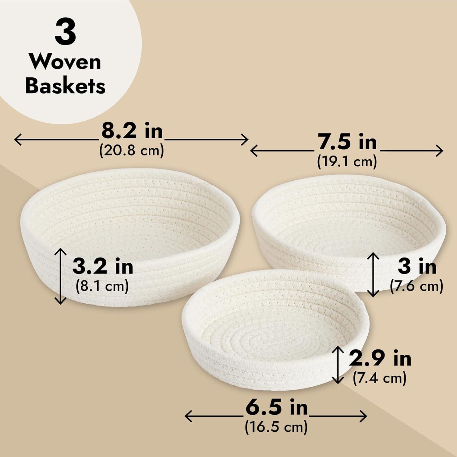 Juvale 3-Pack Small Round Cotton Rope Woven Storage Baskets - Nesting Bins for Organizing Home and Montessori Toys (White)