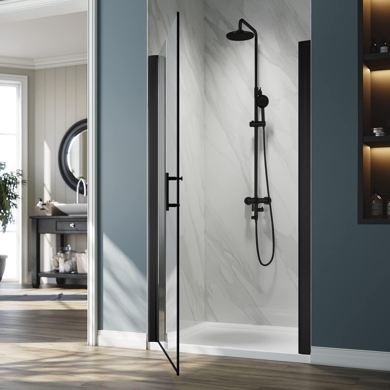 ELEGANT Semi-Frameless Shower Door 34 in.W x 72 in.H, Pivot Swing Shower Door with 1/4 in. Clear Tempered Glass, Single Glass Panel, Black Finish