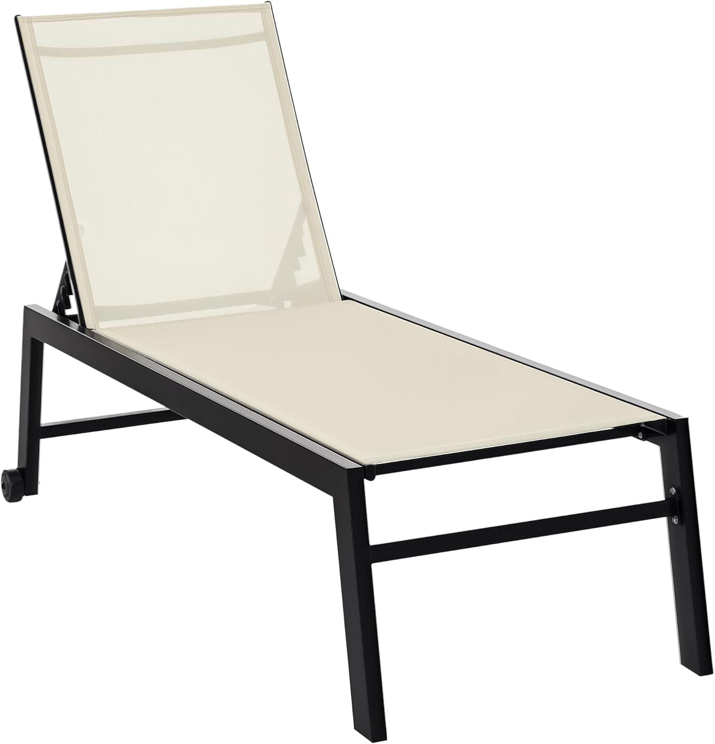 Outsunny Chaise Lounge Outdoor Pool Chair with Wheels, Five Position Recliner for Suntanning, Sunbathing, Steel Frame, Breathable Fabric, Cream White